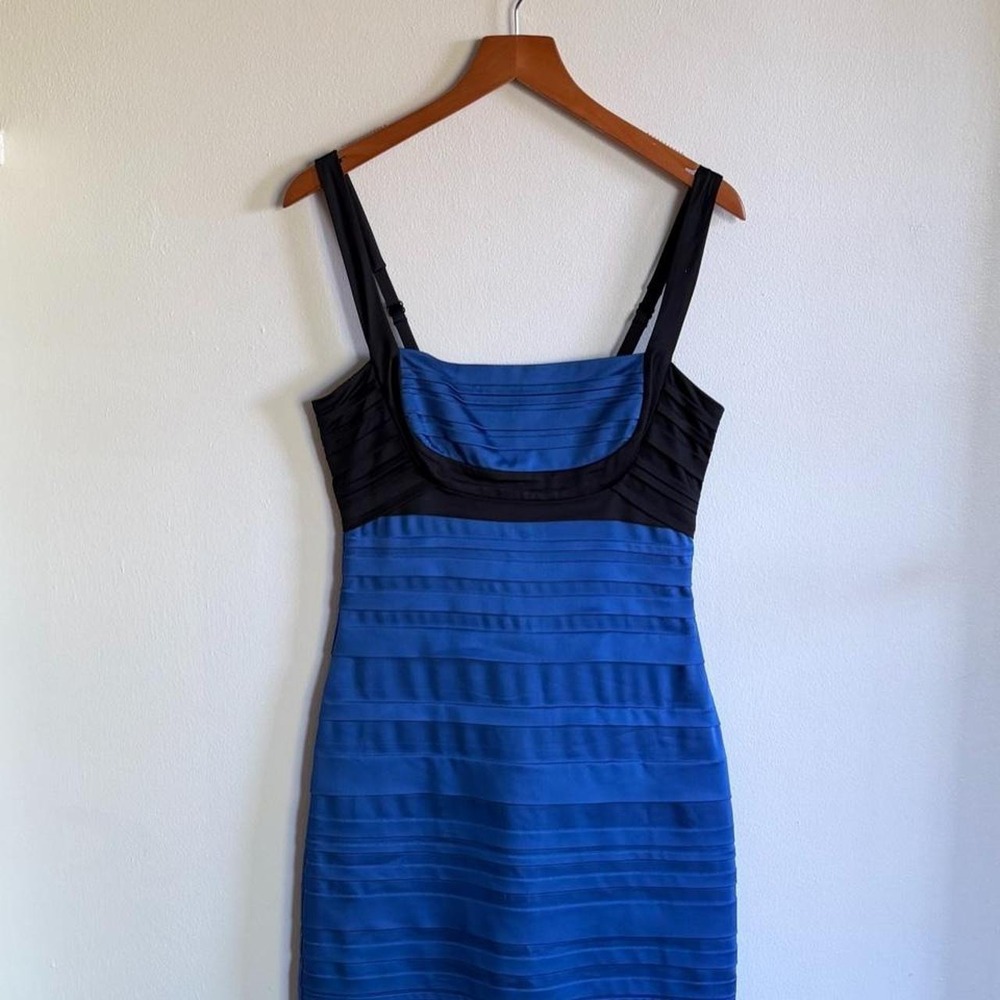 BCBGMAXAZRIA Blue & Black Bodycon Mini Dress | Size 4 | Satin Bandage Style